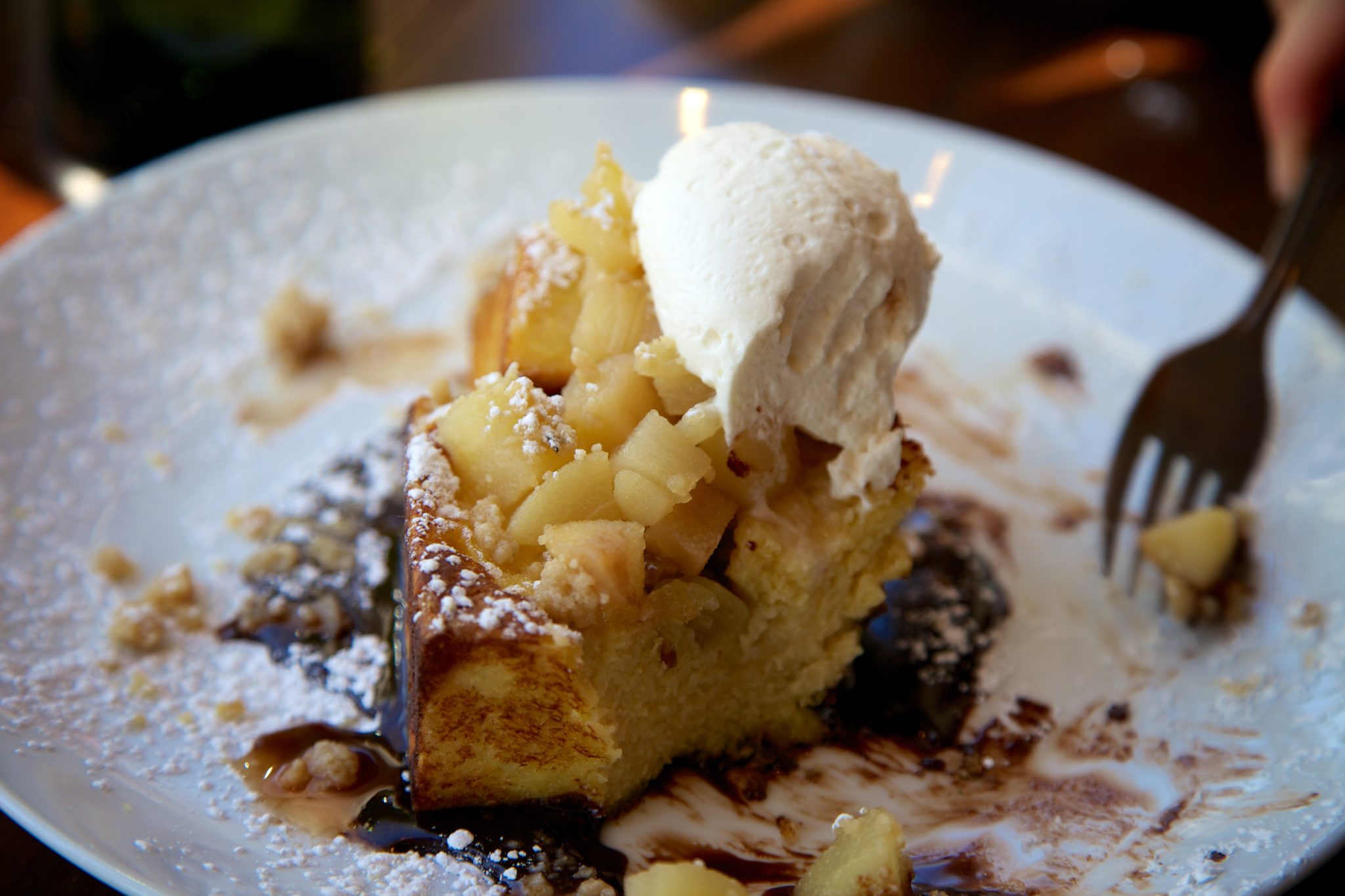 Candied Chestnut Bread Pudding French Toast  cognac whipped cream hot fudge, pear, chesnut and rosemary shortbread